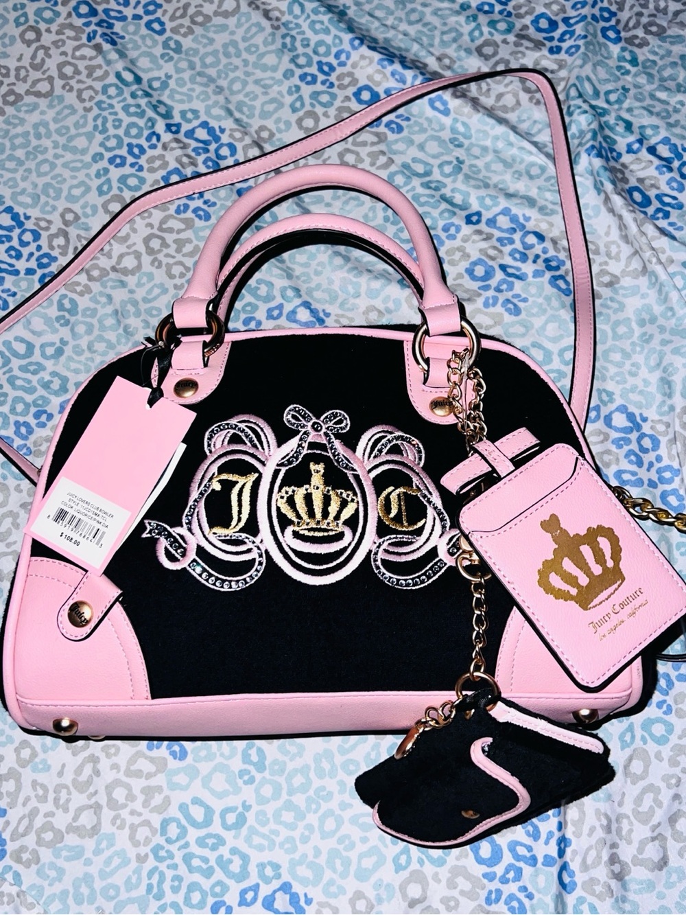 New Black Pink Juicy Couture Purse + Wallet NWT Handbag Terry Cloth Bowler Bag